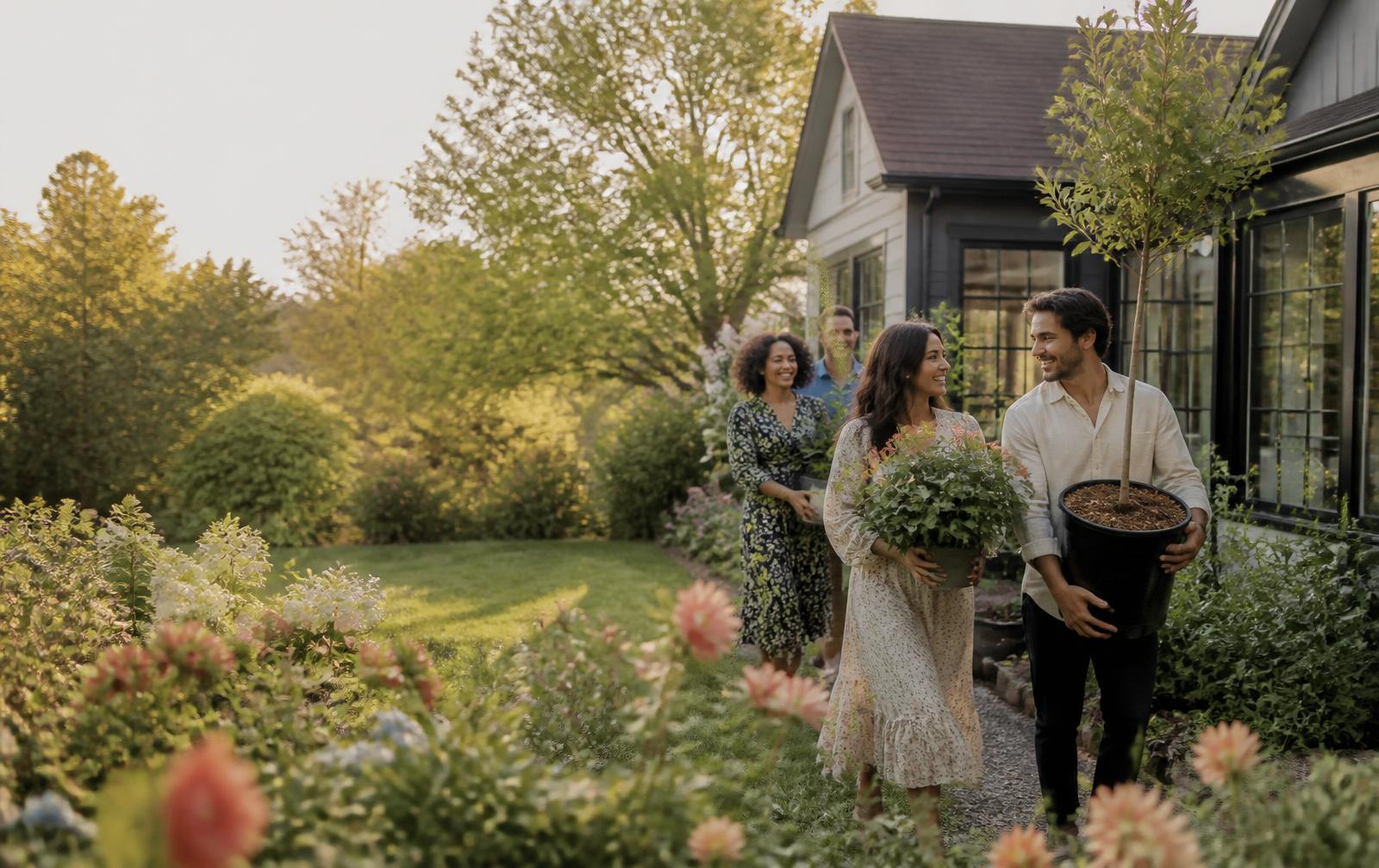 Friends bringing plants to a new garden